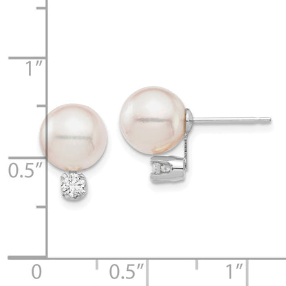 14K White Gold 8 9mm Round Akoya Saltwater Cultured Pearl And .20 Carat Diamond Post Earrings