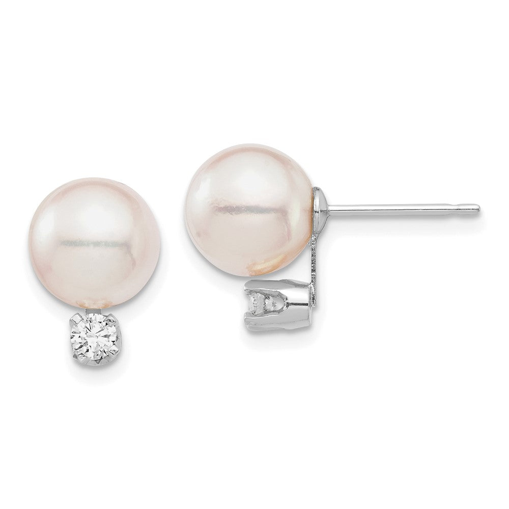 14K White Gold 8 9mm Round Akoya Saltwater Cultured Pearl And .20 Carat Diamond Post Earrings