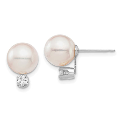14K White Gold 8 9mm Round Akoya Saltwater Cultured Pearl And .20 Carat Diamond Post Earrings