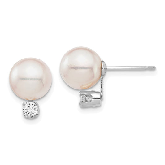 14K White Gold 8 9mm Round Akoya Saltwater Cultured Pearl And .20 Carat Diamond Post Earrings