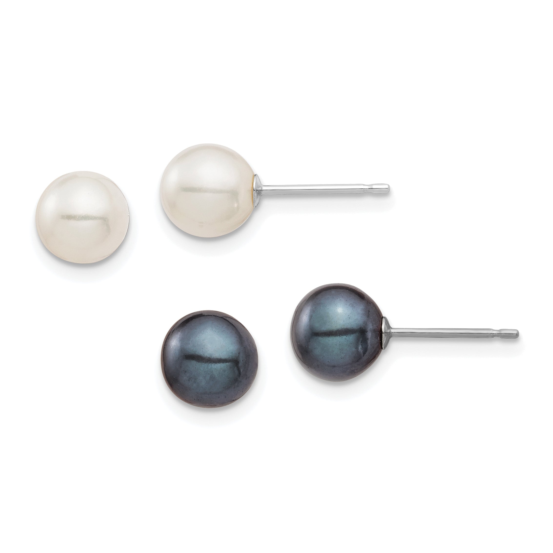 14K White Gold 6 7mm Black And Round Freshwater Cultured Pearl 2 Pair Stud Post Earrings Set