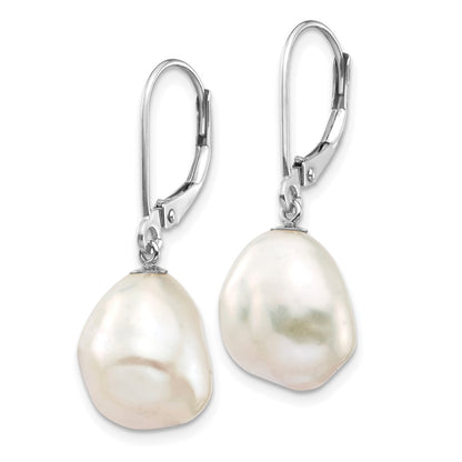 14K White Gold 10X13mm Keshi Freshwater Cultured Pearl Dangle Leverback Earrings