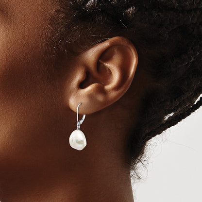 14K White Gold 10X13mm Keshi Freshwater Cultured Pearl Dangle Leverback Earrings