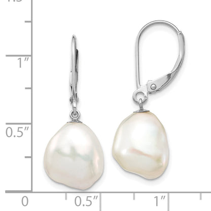 14K White Gold 10X13mm Keshi Freshwater Cultured Pearl Dangle Leverback Earrings