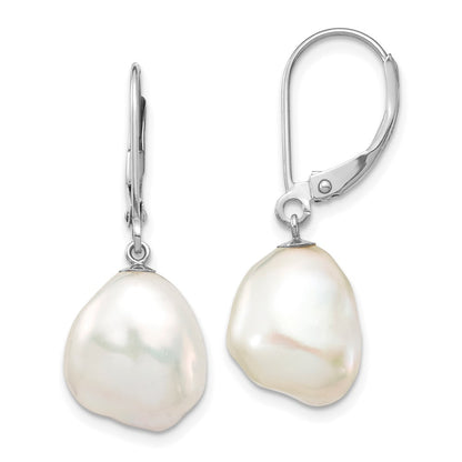 14K White Gold 10X13mm Keshi Freshwater Cultured Pearl Dangle Leverback Earrings