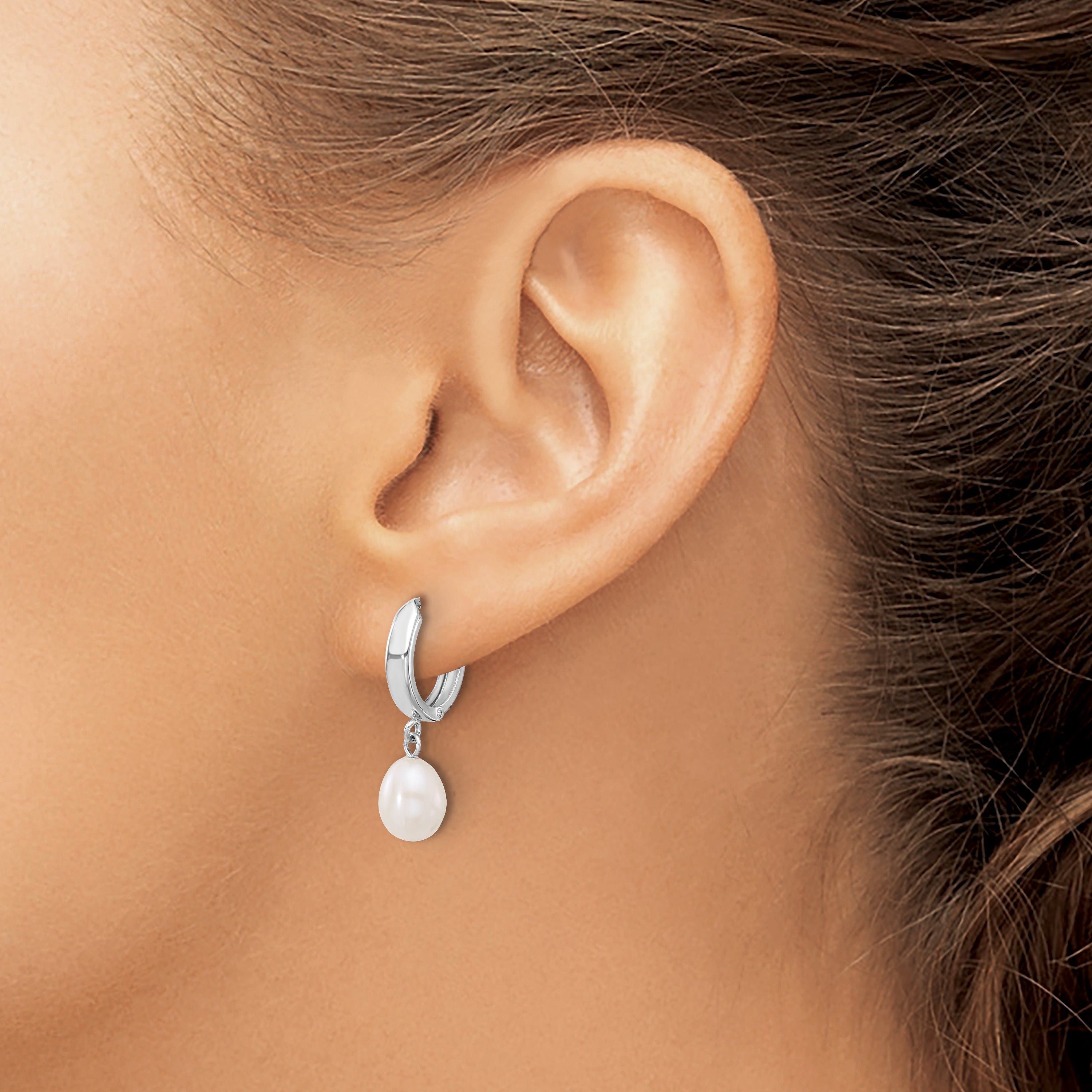 14K White Gold 6 7mm Teardrop Freshwater Cultured Pearl Hoop Dangle Earrings