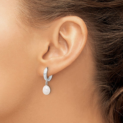 14K White Gold 6 7mm Teardrop Freshwater Cultured Pearl Hoop Dangle Earrings