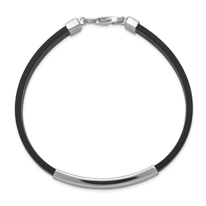 Sterling Silver Rhodium Plated Id Black Rubber Bracelet