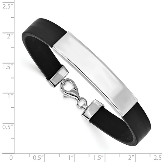 Sterling Silver Rhodium Plated Id Black Rubber Bracelet