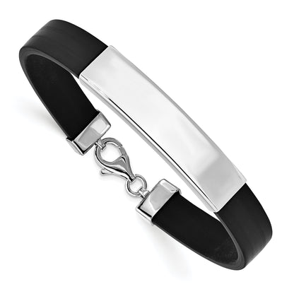 Sterling Silver Rhodium Plated Id Black Rubber Bracelet