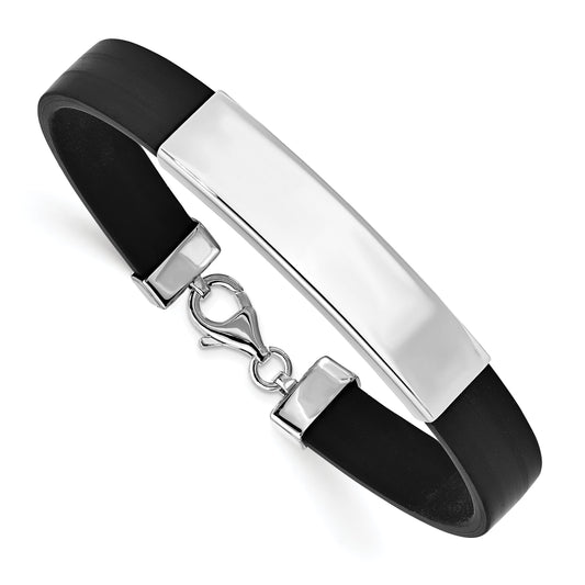Sterling Silver Rhodium Plated Id Black Rubber Bracelet