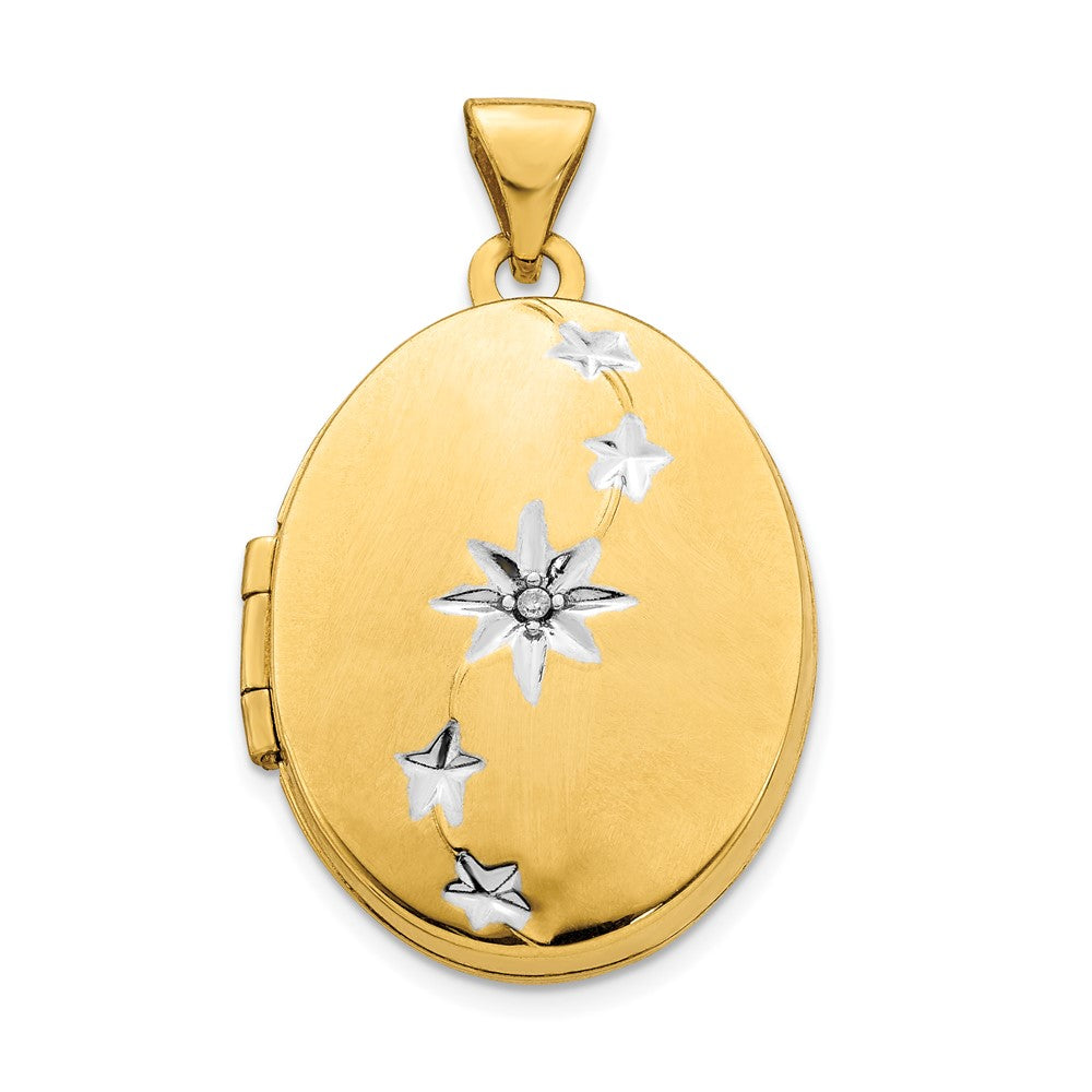 14k Yellow & Rhodium 14ky w/ White Rhodium Brushed/Polished Diamond Stars Oval Locket