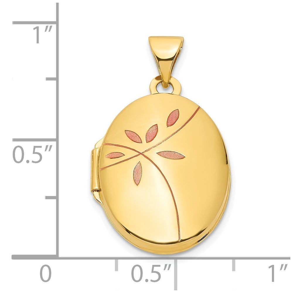 14k Yellow Gold 14ky Enamel Leaves 19mm Oval Locket