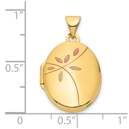 14k Yellow Gold 14ky Enamel Leaves 19mm Oval Locket
