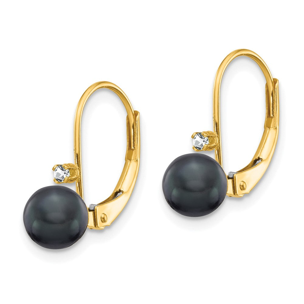 14K Yellow Gold 5 6mm Black Fw Cultured Pearl Aa Diamond Leverback Earrings