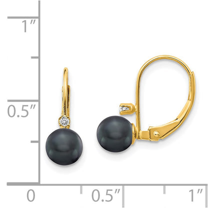 14K Yellow Gold 5 6mm Black Fw Cultured Pearl Aa Diamond Leverback Earrings