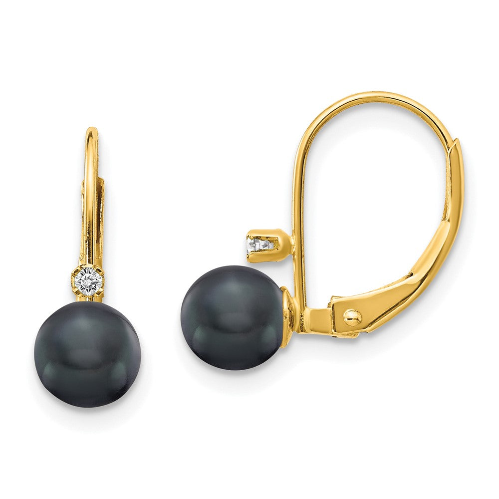 14K Yellow Gold 5 6mm Black Fw Cultured Pearl Aa Diamond Leverback Earrings