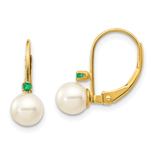 14K Yellow Gold 5 5.5mm White Round Fw Cultured Pearl Emerald Leverback Earrings
