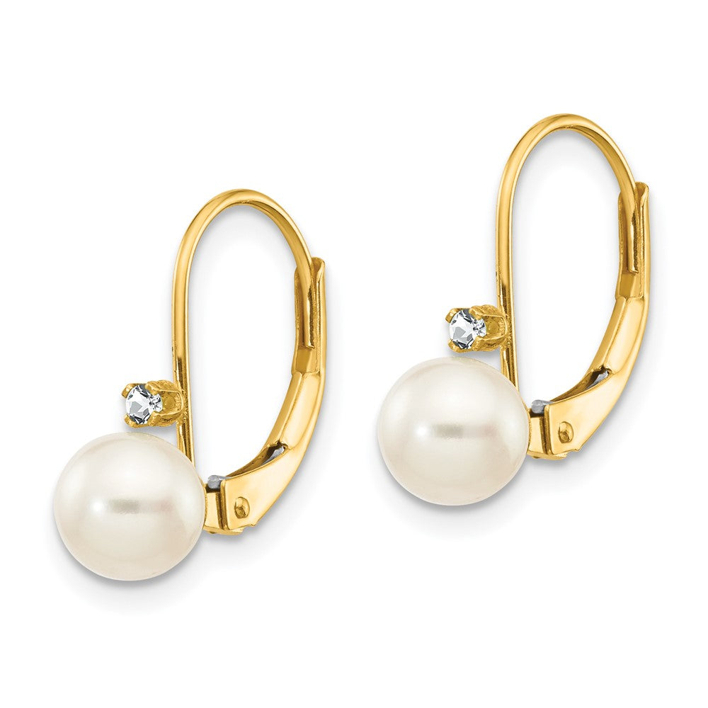 14K Yellow Gold 5 6mm White Round Fw Cultured Pearl Aa Diamond Leverback Earrings