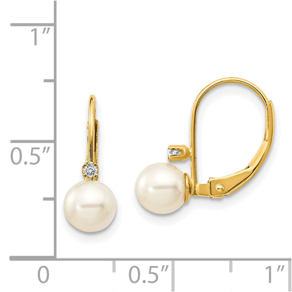 14K Yellow Gold 5 6mm White Round Fw Cultured Pearl Aa Diamond Leverback Earrings