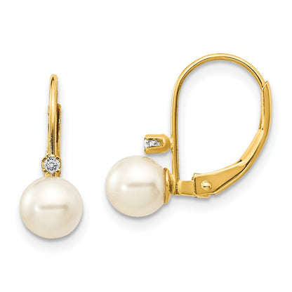 14K Yellow Gold 5 6mm White Round Fw Cultured Pearl Aa Diamond Leverback Earrings