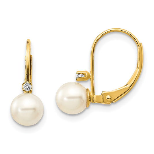 14K Yellow Gold 5 6mm White Round Fw Cultured Pearl Aa Diamond Leverback Earrings