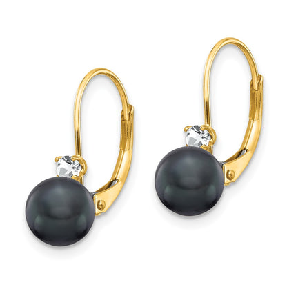 14K Yellow Gold 6 7mm Black Fw Cultured Pearl Aa Diamond Leverback Earrings