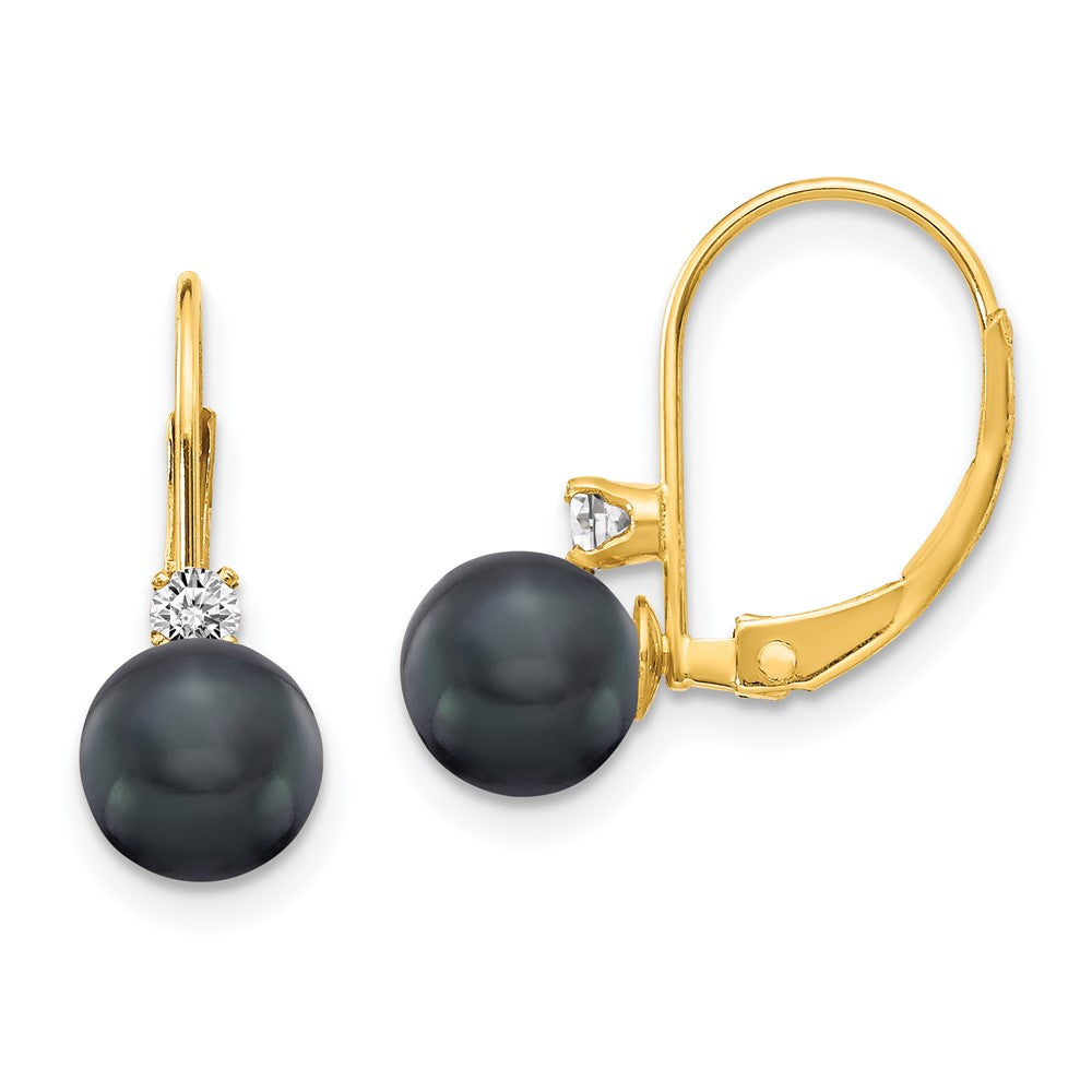 14K Yellow Gold 6 7mm Black Fw Cultured Pearl Aa Diamond Leverback Earrings