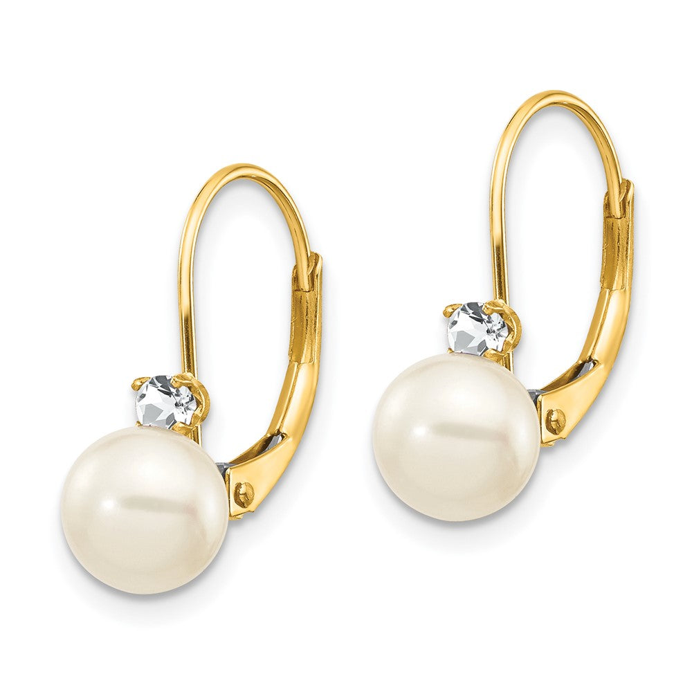14K Yellow Gold 6 7mm White Round Fw Cultured Pearl Aa Diamond Leverback Earrings
