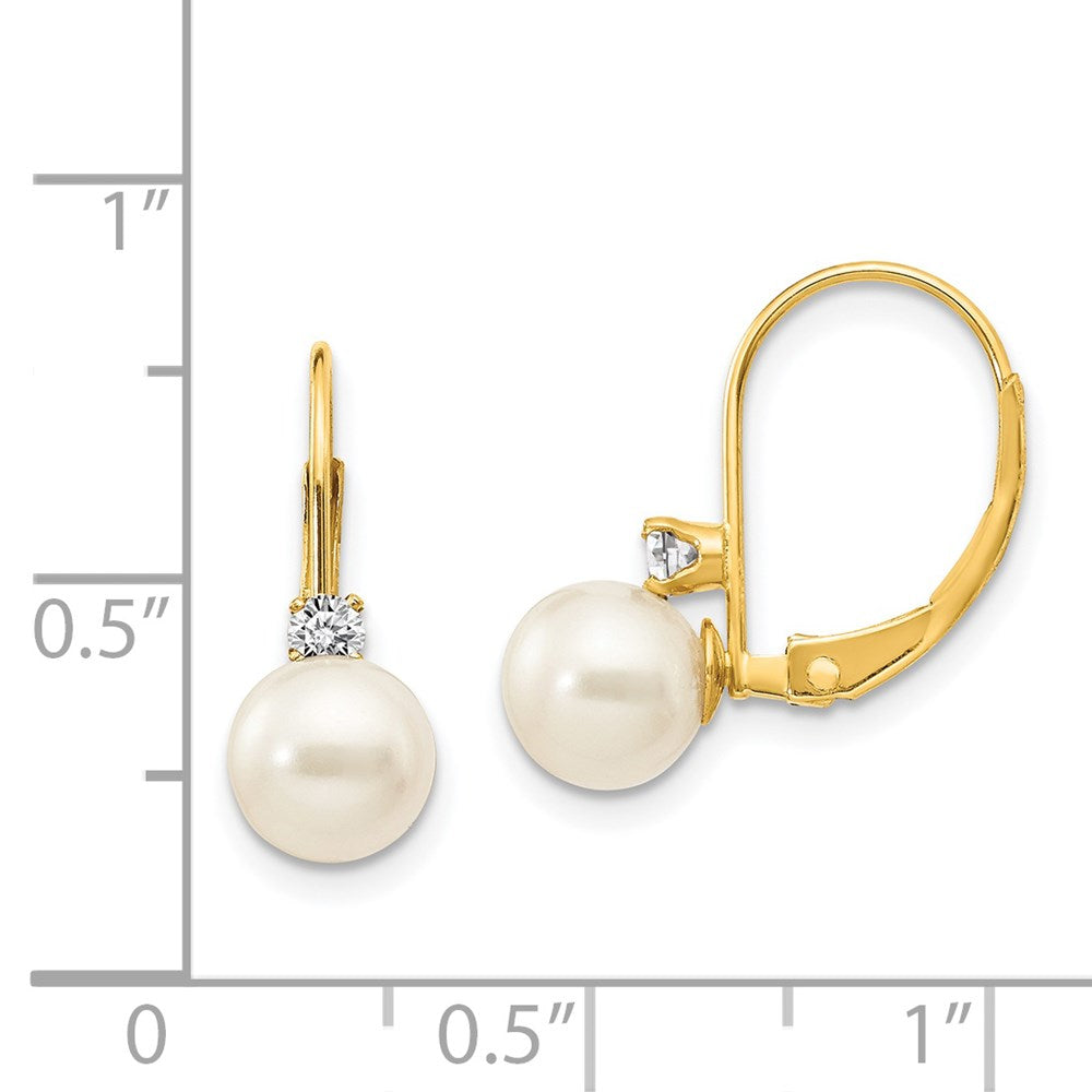 14K Yellow Gold 6 7mm White Round Fw Cultured Pearl Aa Diamond Leverback Earrings