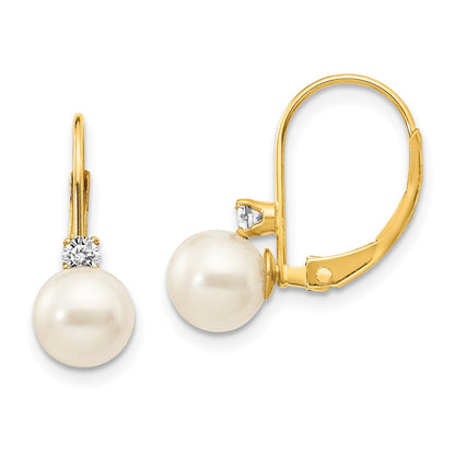 14K Yellow Gold 6 7mm White Round Fw Cultured Pearl Aa Diamond Leverback Earrings