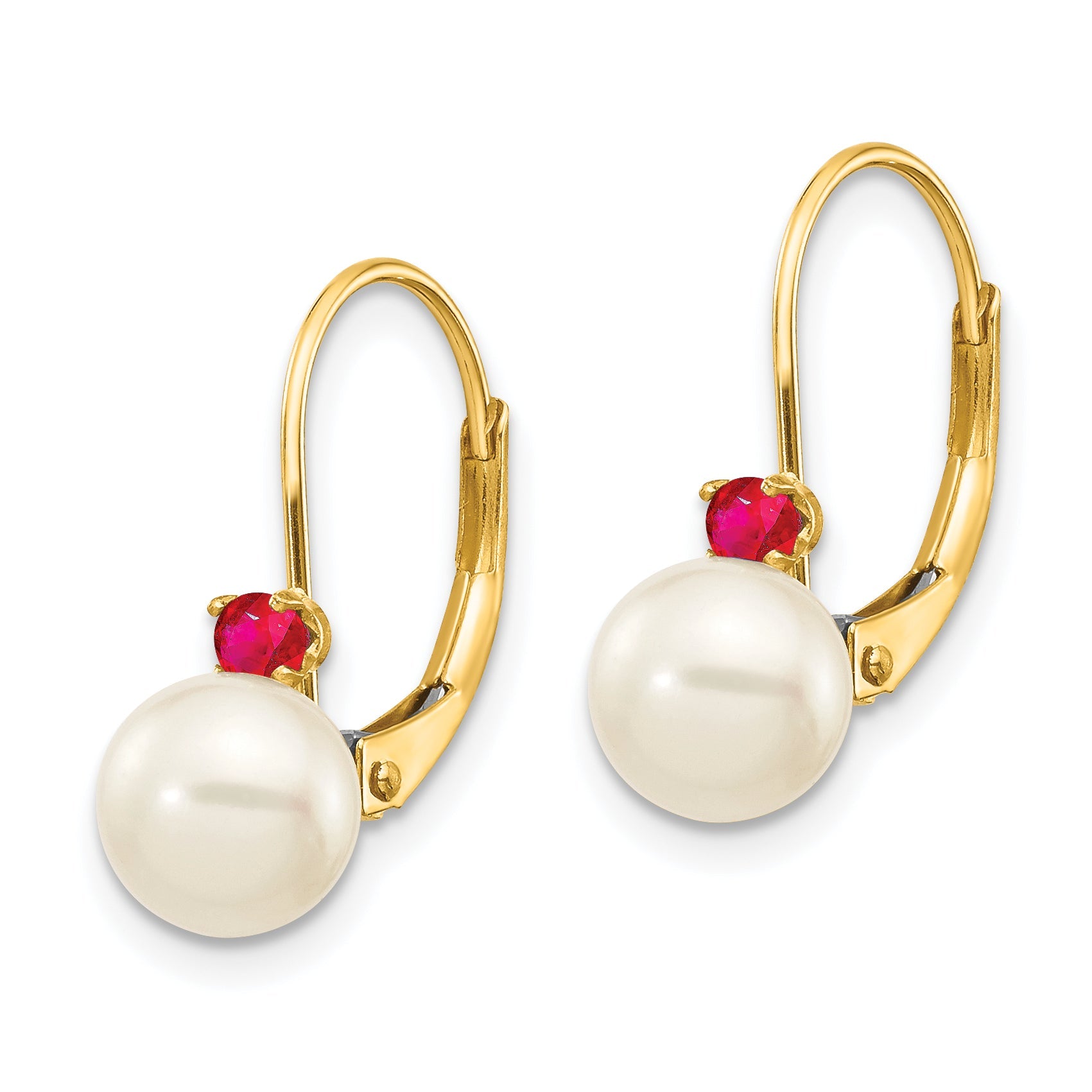 14K Yellow Gold 6 6.5mm White Round Fw Cultured Pearl Ruby Leverback Earrings