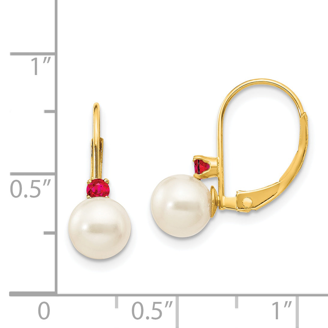 14K Yellow Gold 6 6.5mm White Round Fw Cultured Pearl Ruby Leverback Earrings