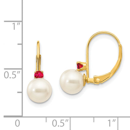 14K Yellow Gold 6 6.5mm White Round Fw Cultured Pearl Ruby Leverback Earrings