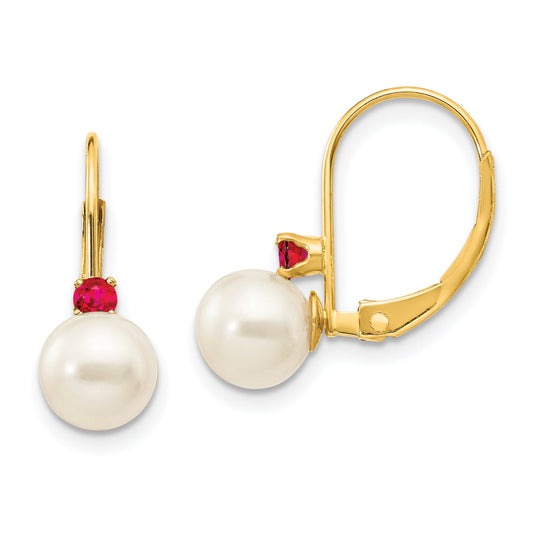 14K Yellow Gold 6 6.5mm White Round Fw Cultured Pearl Ruby Leverback Earrings