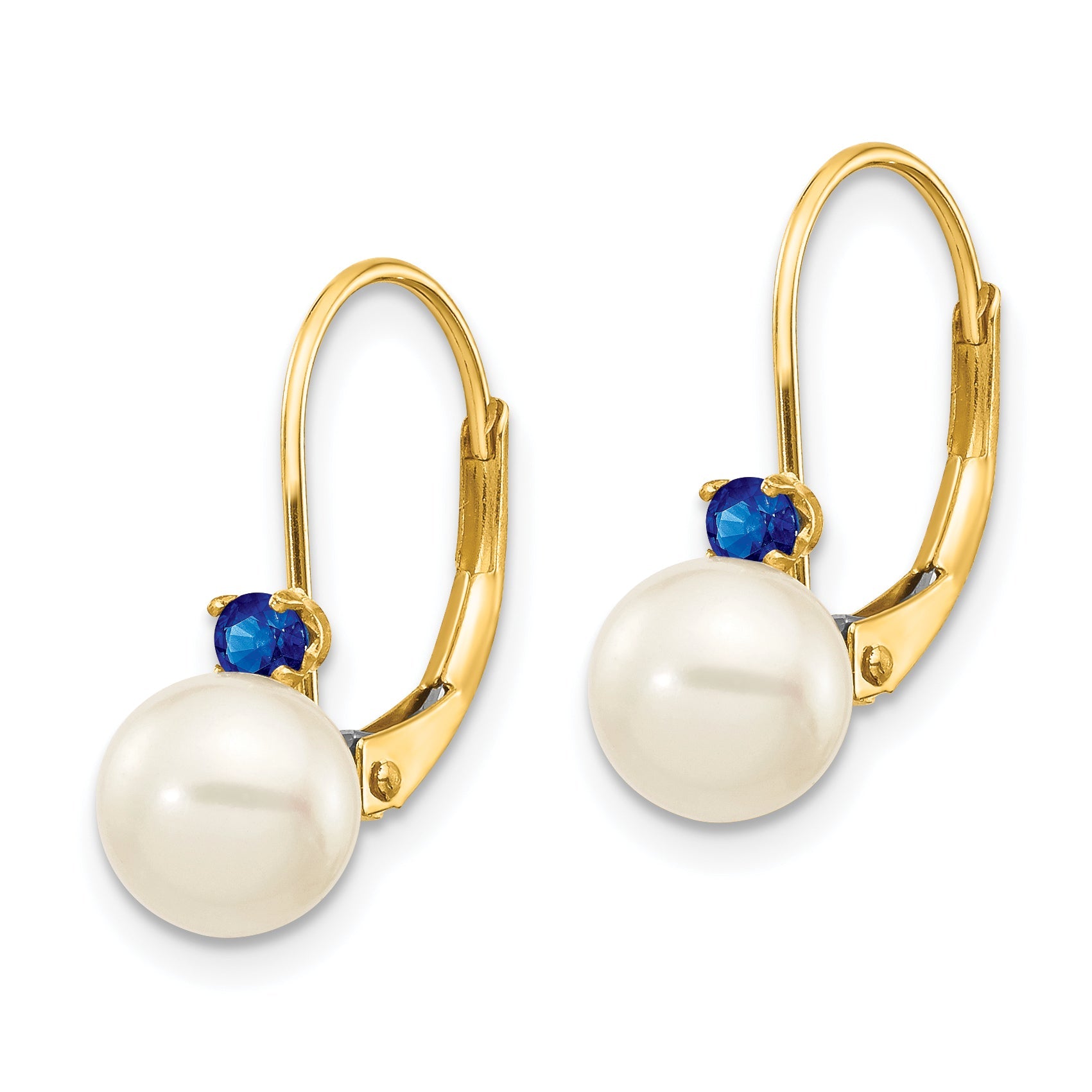 14K Yellow Gold 6 6.5mm White Round Fw Cultured Pearl Sapphire Leverback Earrings