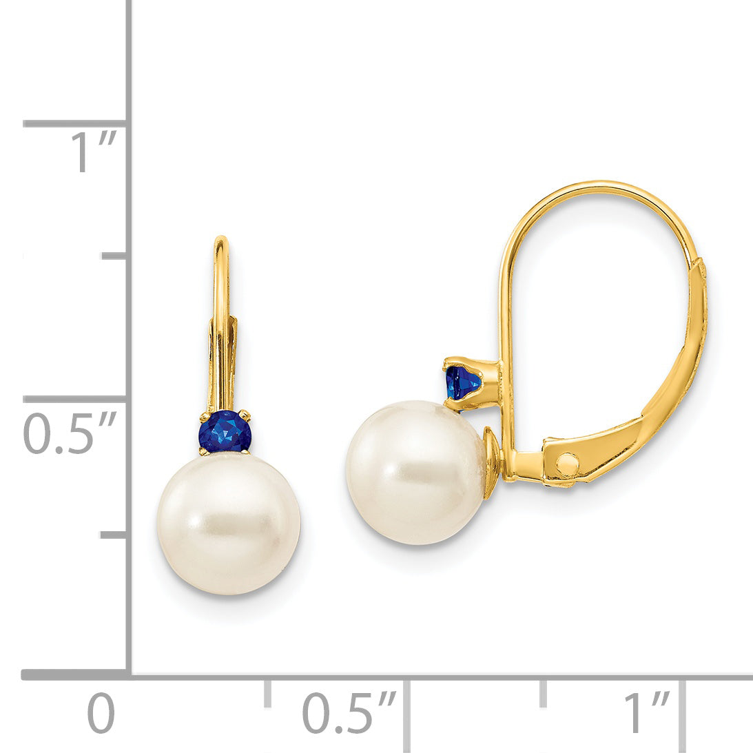 14K Yellow Gold 6 6.5mm White Round Fw Cultured Pearl Sapphire Leverback Earrings