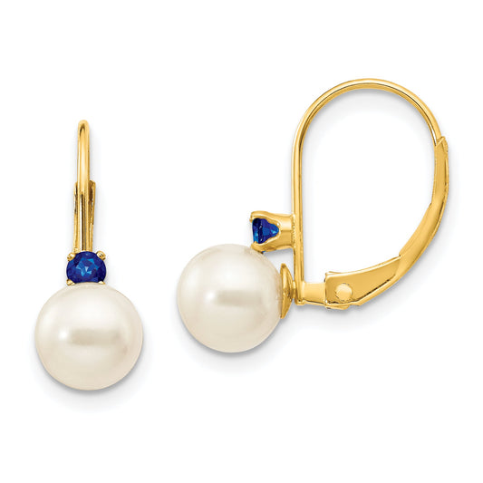 14K Yellow Gold 6 6.5mm White Round Fw Cultured Pearl Sapphire Leverback Earrings
