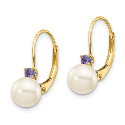 14K Yellow Gold 6 6.5mm White Round Fw Cultured Pearl Tanzanite Leverback Earrings