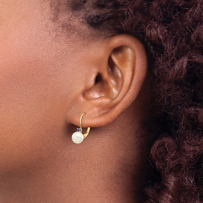 14K Yellow Gold 6 6.5mm White Round Fw Cultured Pearl Tanzanite Leverback Earrings