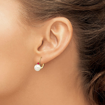 14K Yellow Gold 7 7.5mm White Round Fw Cultured Pearl Ruby Leverback Earrings