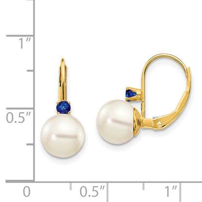 14K Yellow Gold 7 7.5mm White Round Fw Cultured Pearl Sapphire Leverback Earrings