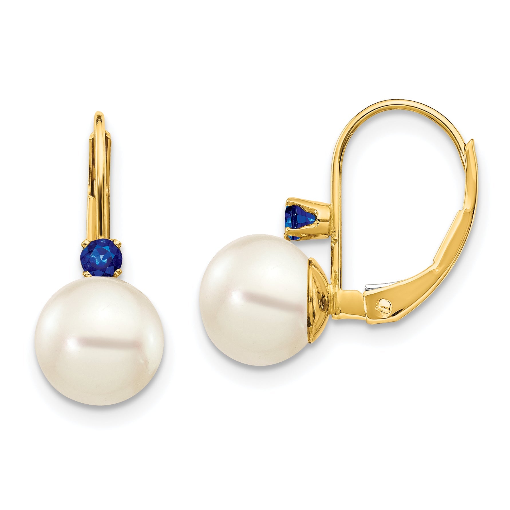 14K Yellow Gold 7 7.5mm White Round Fw Cultured Pearl Sapphire Leverback Earrings