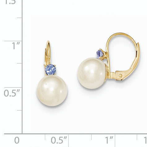 14K Yellow Gold 7 7.5mm White Round Fw Cultured Pearl Tanzanite Leverback Earrings