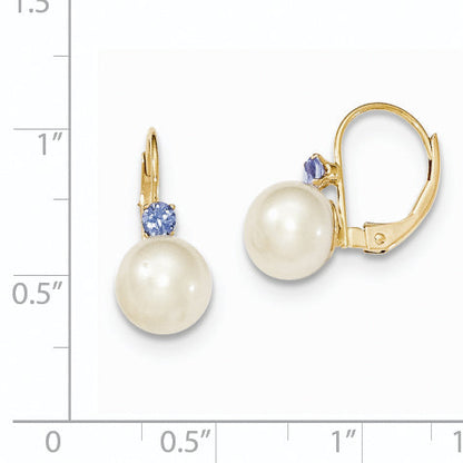 14K Yellow Gold 7 7.5mm White Round Fw Cultured Pearl Tanzanite Leverback Earrings
