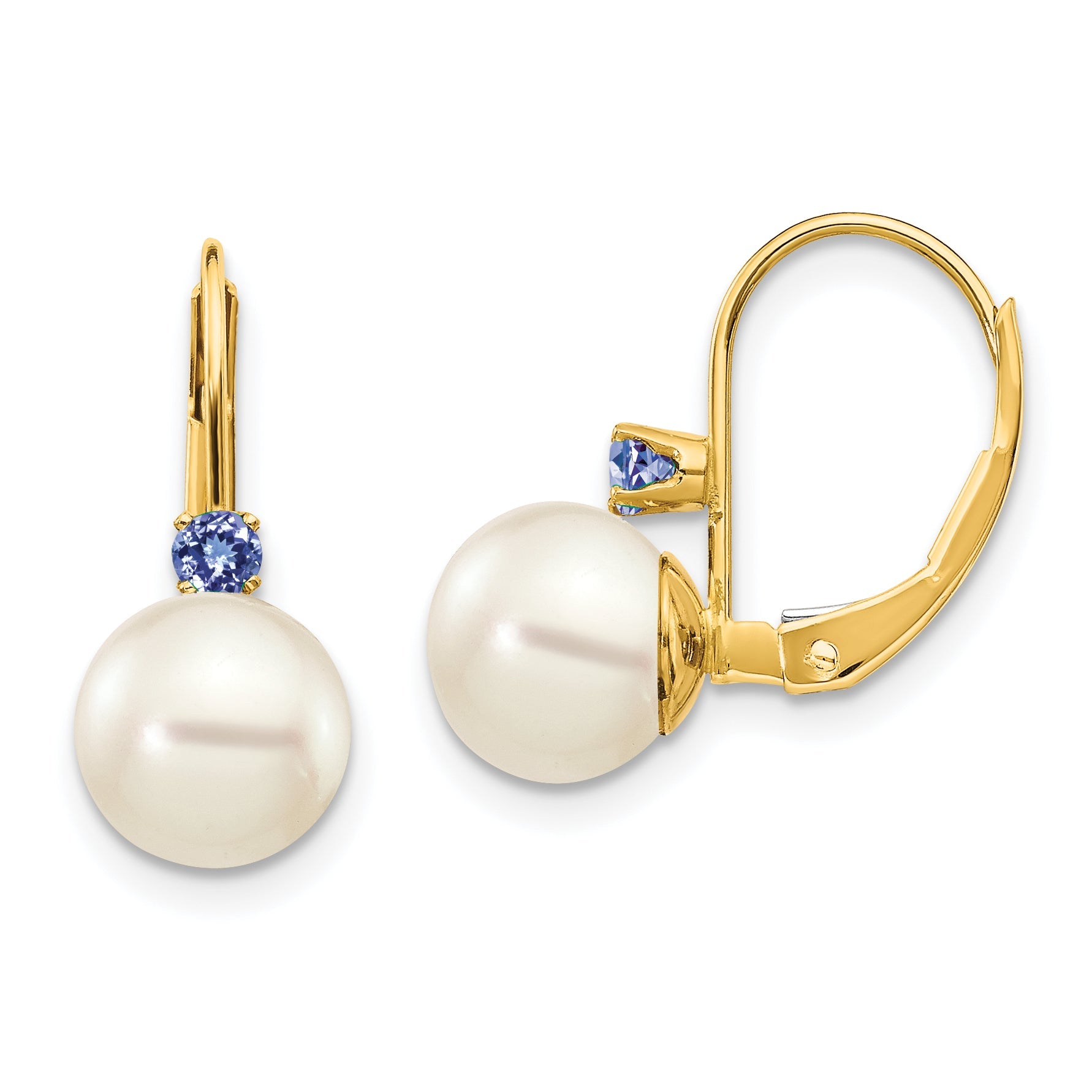 14K Yellow Gold 7 7.5mm White Round Fw Cultured Pearl Tanzanite Leverback Earrings