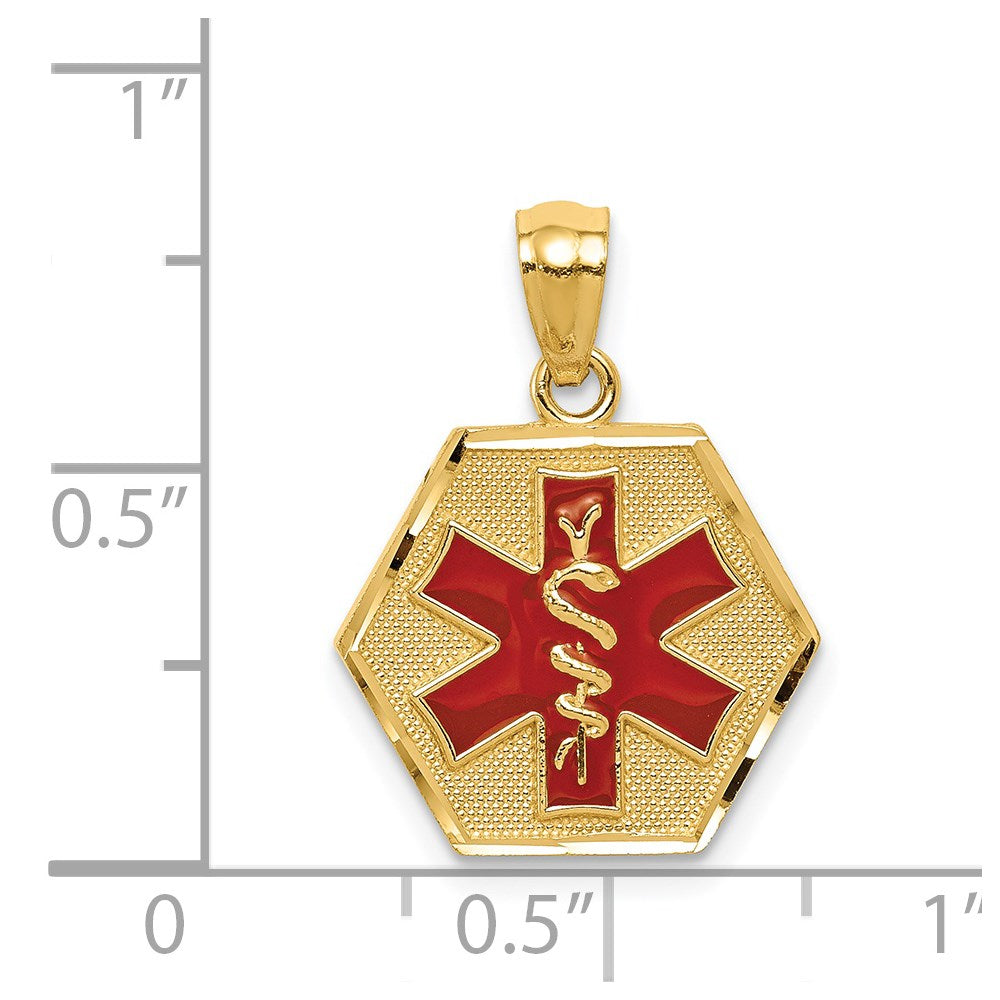 14K Yellow Gold Red Enameled Textured Back Medic Id Pendant