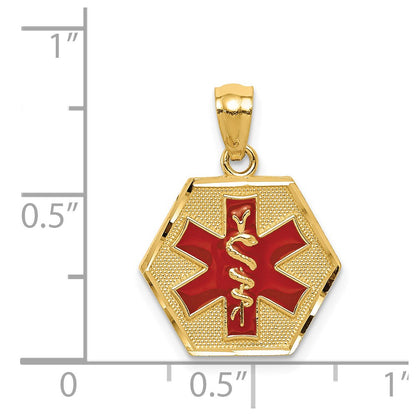 14K Yellow Gold Red Enameled Textured Back Medic Id Pendant