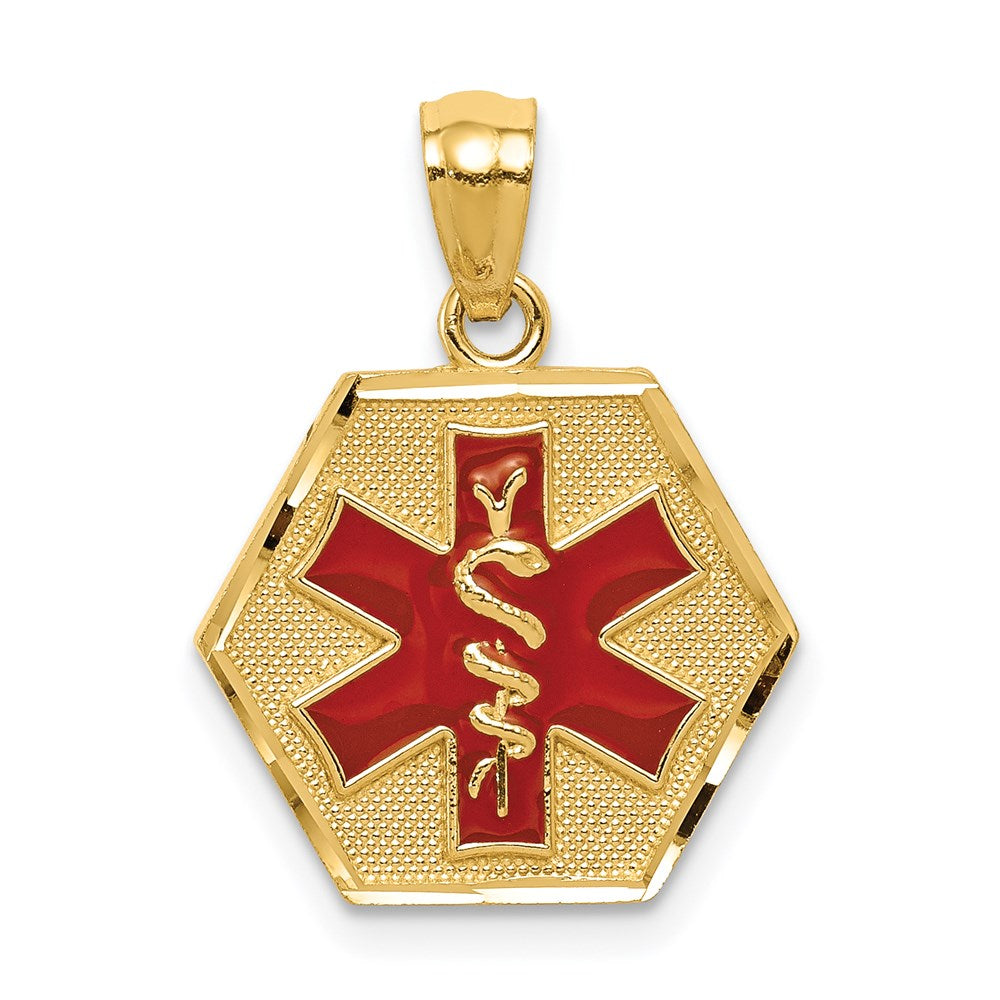 14K Yellow Gold Red Enameled Textured Back Medic Id Pendant