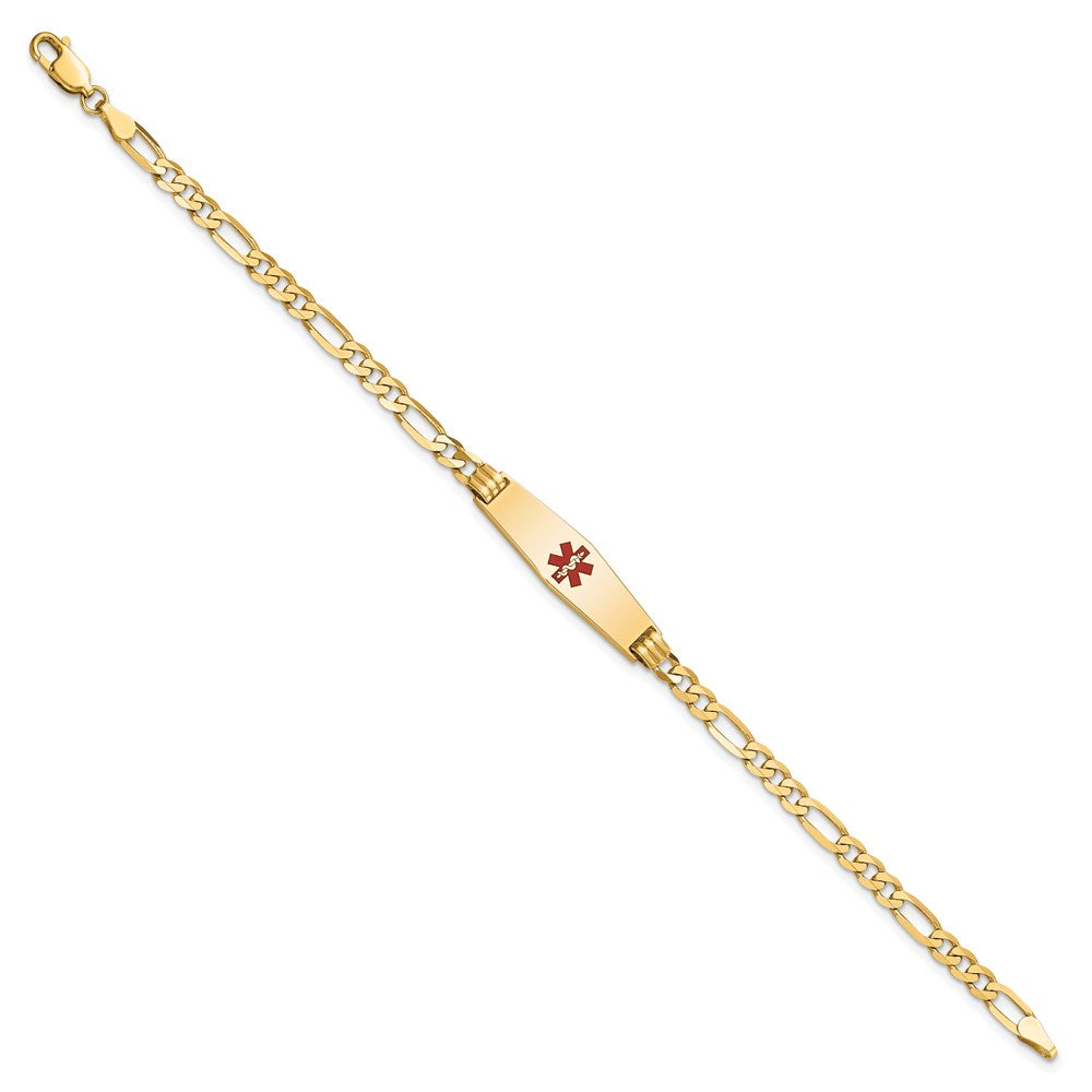 14K Yellow Gold Medical Solid Chain/Solid Plate 24X7mm Soft Diamond Shape Centered Red Enamel Figaro Link 8 Inch Id Bracelet